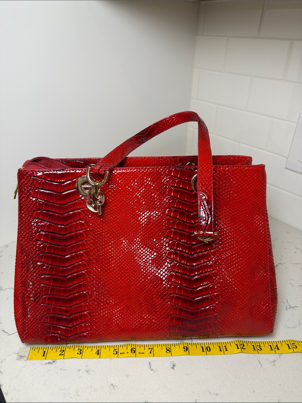 Red Snake-Embossed Shoulder Tote with Gold Hardware - Picture 12 of 14